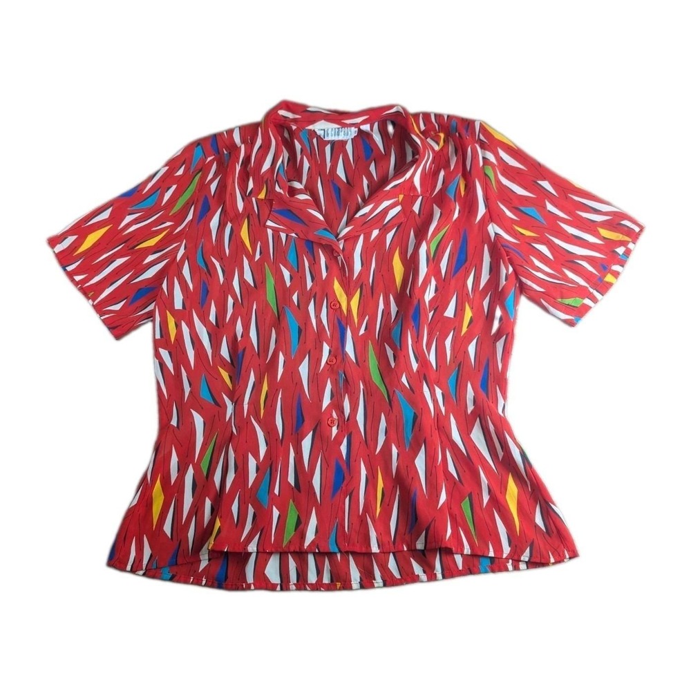 Vintage SK & Company Red Abstract Geometric Blouse Women's Size 12 Short Sleeve